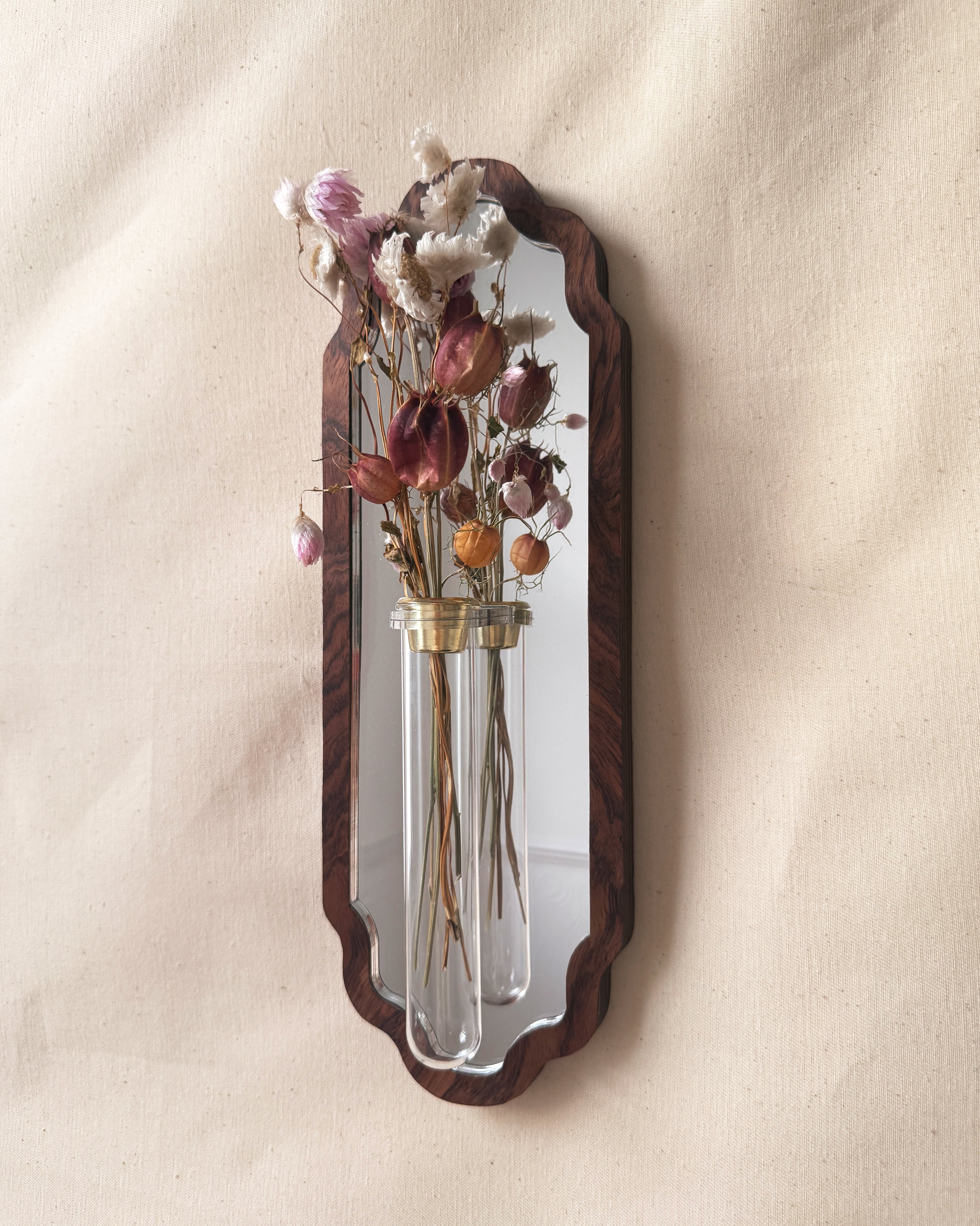 Scalloped Botanical Mirror - walnut veneer