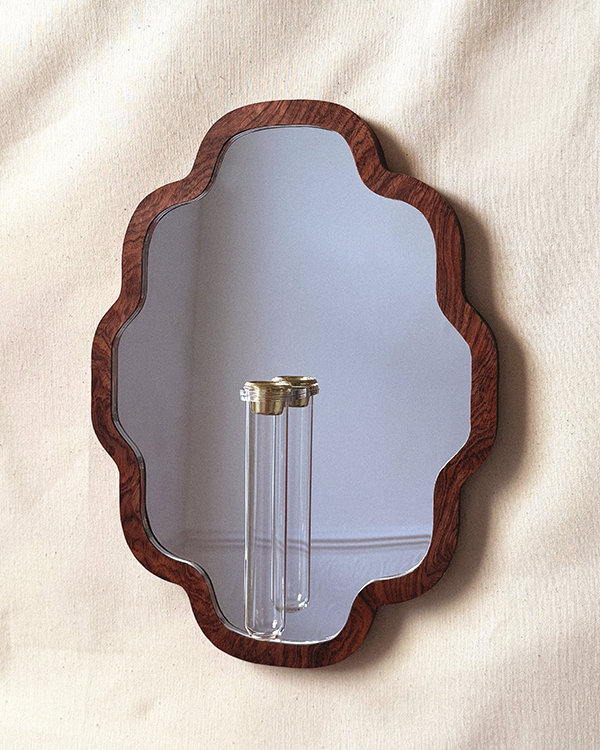 Scalloped botanical mirror - walnut veneer